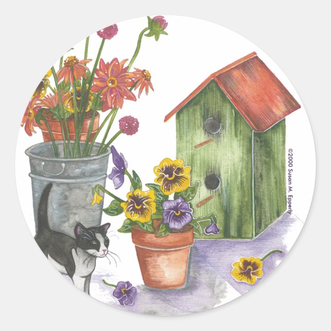 Cat Blume Birdhouse Watercolor "Willie" Runder Aufkleber (Vorderseite)