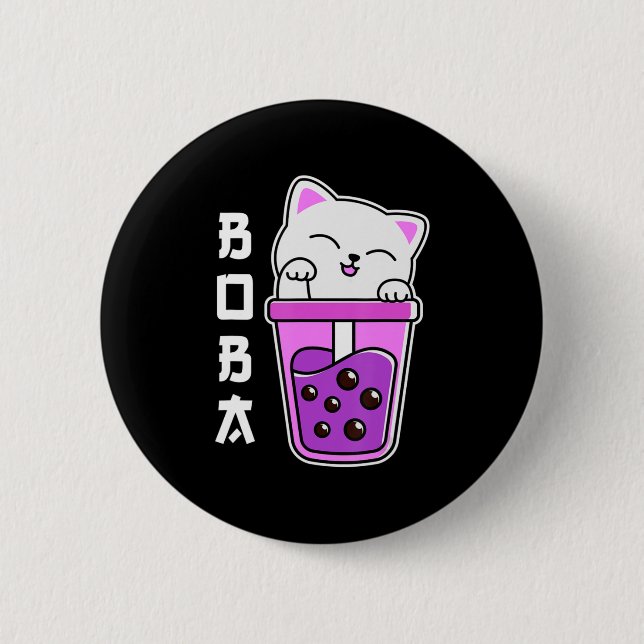 Cat Boba Anime Bubble Tea Neko Girls Kawaii Girls Button (Vorderseite)