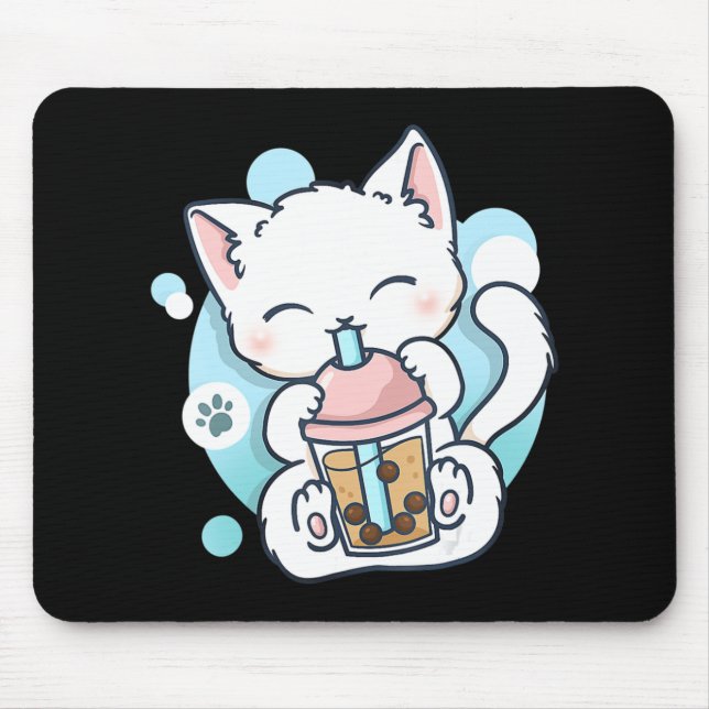 Cat Boba Tea Bubble Tea Kawaii Anime Japanischer N Mousepad (Vorne)