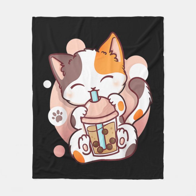 Cat Boba Tea Bubble Tee Anime Kawaii Neko Fleecedecke (Vorderseite)