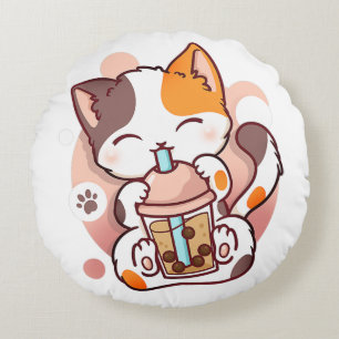 Cat Boba Tea Bubble Tee Anime Kawaii Neko für Mädc Rundes Kissen