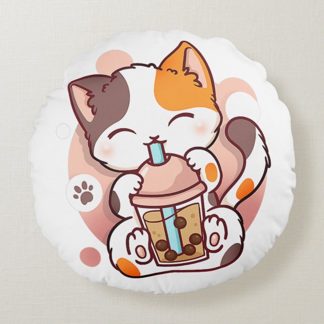 Cat Boba Tea Bubble Tee Anime Kawaii Neko für Mädc Rundes Kissen (Vorderseite)