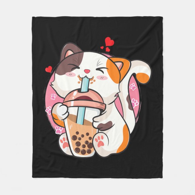 Cat Boba Tea Bubble Tee Anime Kawaii Neko Kinder T Fleecedecke (Vorderseite)