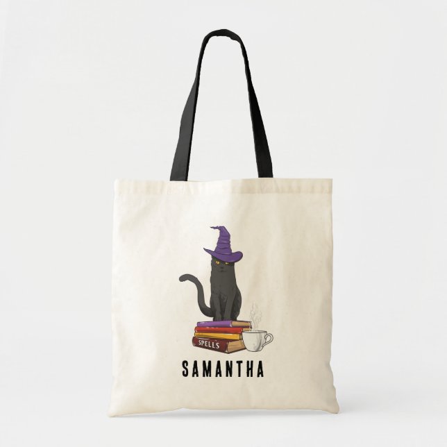 Cat Books Poet und Zauber Halloween Personalisiert Tragetasche (Vorne)
