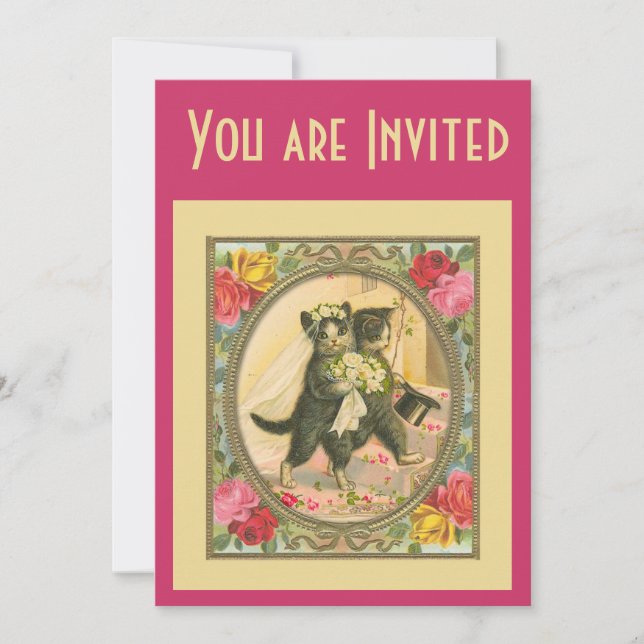 Cat Bride and Groom Wedding Invitation pink yellow Einladung (Vorderseite)