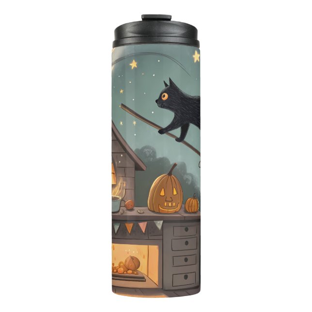 Cat & Broom Duo | Magical Halloween Night Thermosbecher (Vorderseite)