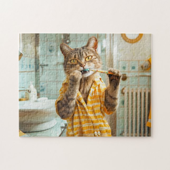 Cat brushing teeth in striped pajamas bathroom (Horizontal)