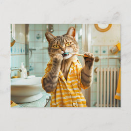 Cat brushing teeth in striped pajamas bathroom feiertagspostkarte