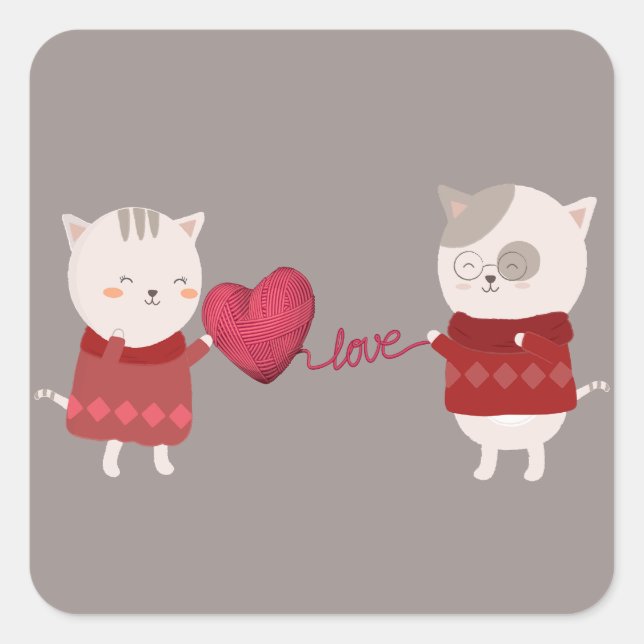 Cat Cartoon Couple Quadratischer Aufkleber (Vorderseite)