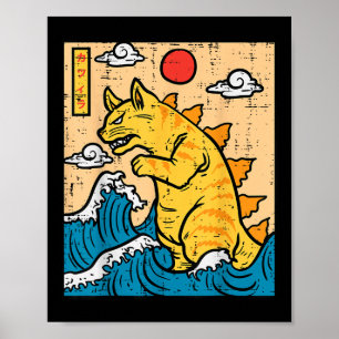 Cat Catzilla Funny Japanese Wave Art Men Women Kin Poster