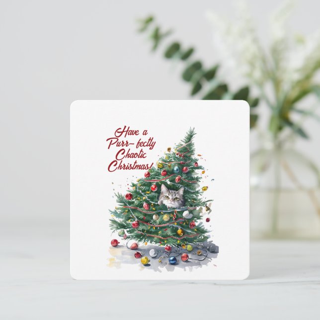 Cat Chaos Weihnachtsbaum Design Wasserfarbe Einladung (Stehend Vorderseite)
