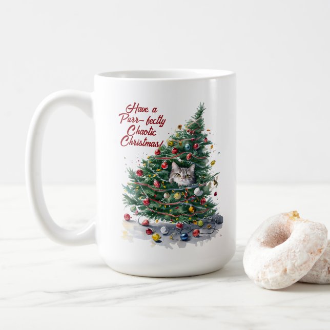 Cat Chaos Weihnachtsbaum Design Wasserfarbe Kaffeetasse (Mit Donut)