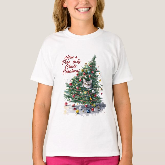 Cat Chaos Weihnachtsbaum Design Wasserfarbe T-Shirt (Vorderseite)