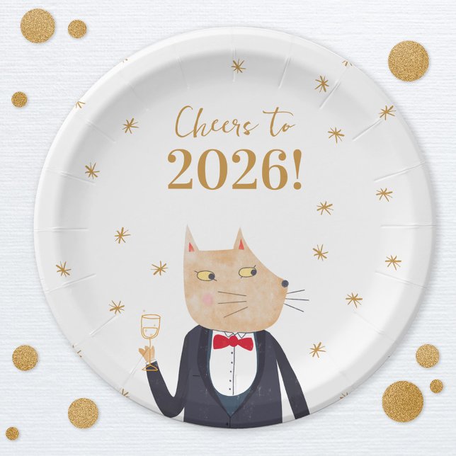 Cat Cheers to 2026 New Year Pappteller (Fun Cat in a Tuxedo and Bow Tie New Year 2026 party paper plates)