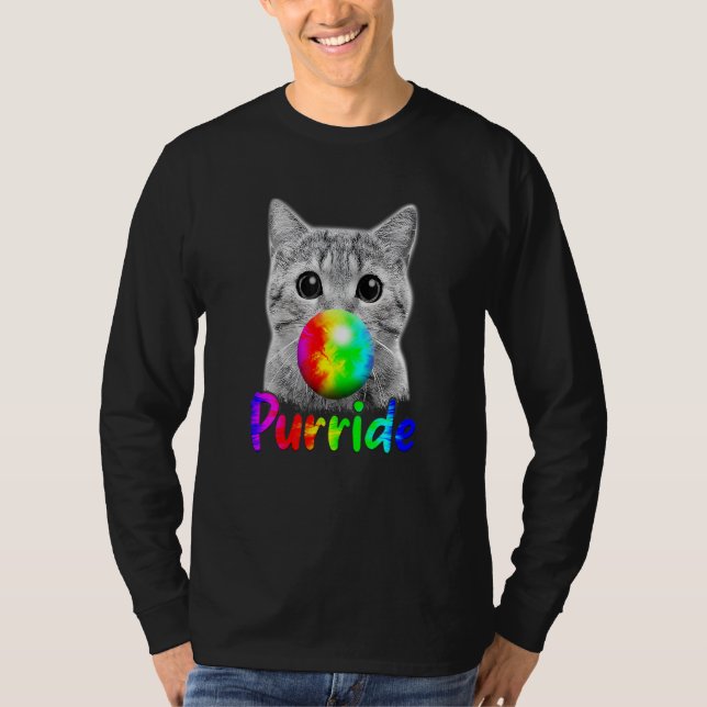 Cat Chewing Bubble Gum Purride LGBQ Pride Flag Com T-Shirt (Vorderseite)