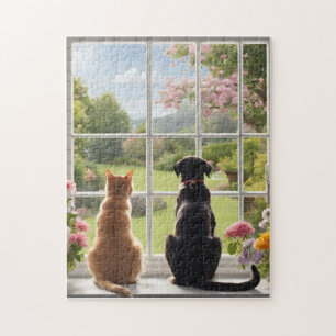 Cat Chien Fleurs Jardin Puzzle