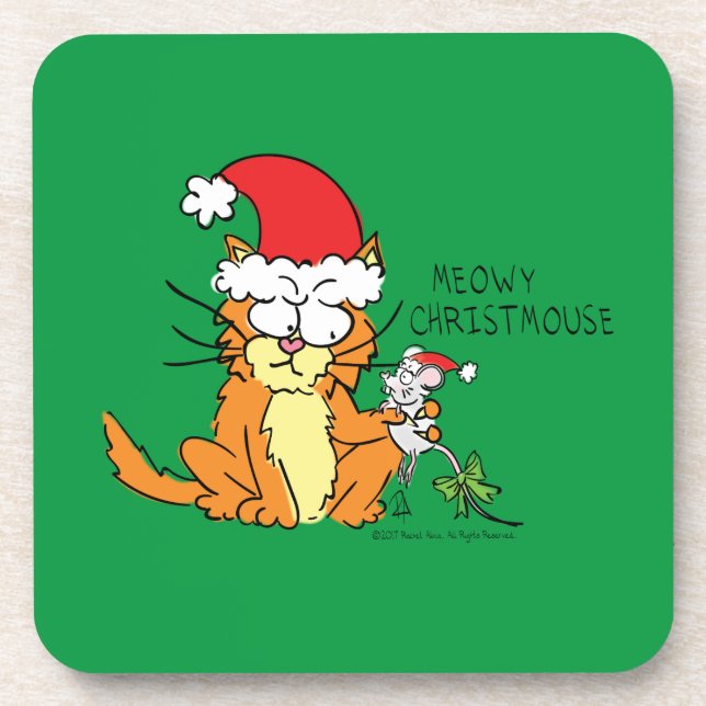 Cat Christmas Funny Cartoon Niedlich Mouse Getränkeuntersetzer (Vorderseite)