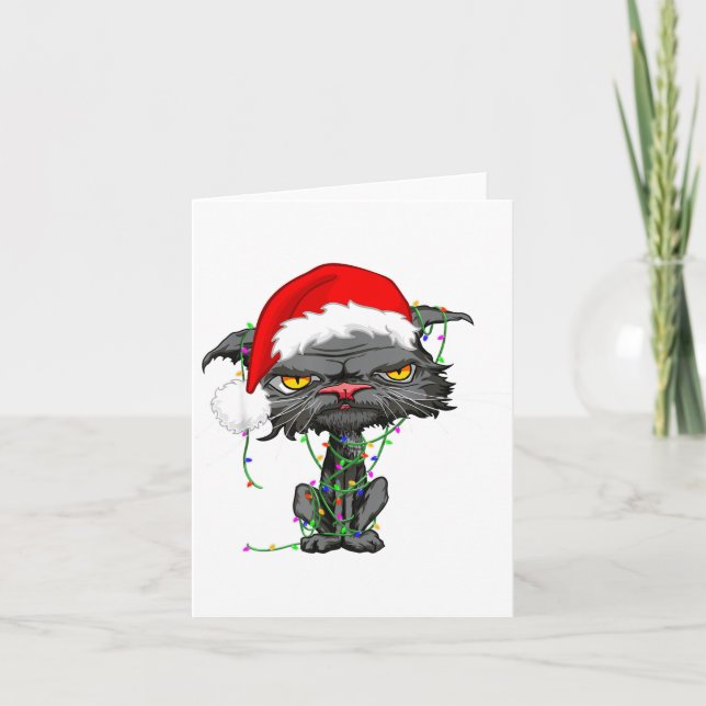 Cat Christmas Lights Bored Cat Santa Hat Funny Cat Karte (Vorderseite)