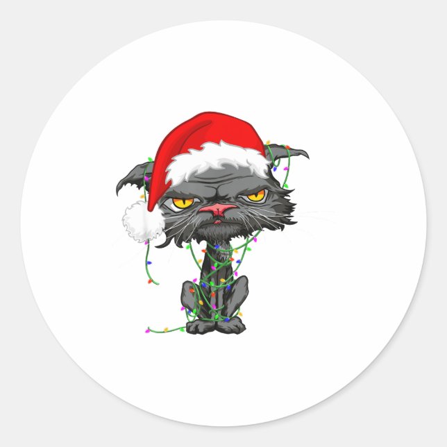 Cat Christmas Lights Bored Cat Santa Hat Funny Cat Runder Aufkleber (Vorderseite)