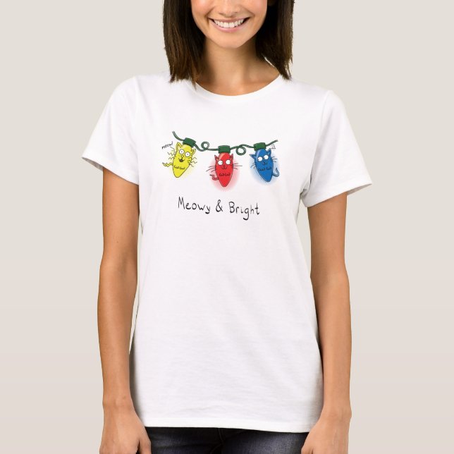 Cat Christmas Lights Funny Meowy und Bright T-Shir T-Shirt (Vorderseite)