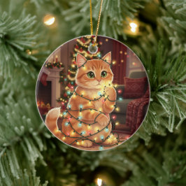 Cat & Christmas Lights – Playful Cat  Keramik Ornament