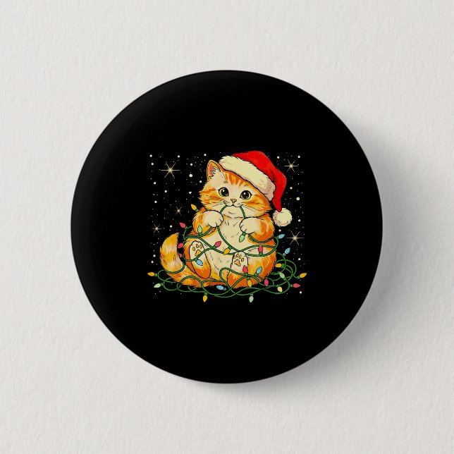 Cat Christmas Lights Santa Hat Xmas Cats Lover Pet Button (Vorderseite)