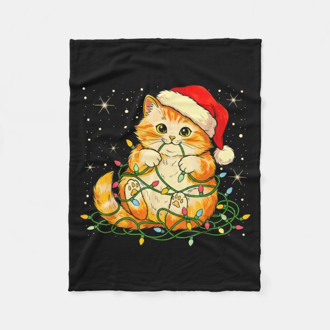 Cat Christmas Lights Santa Hat Xmas Cats Lover Pet Fleecedecke (Vorderseite)