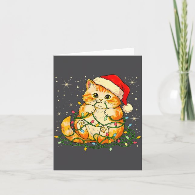Cat Christmas Lights Santa Hat Xmas Cats Lover Pet Karte (Vorderseite)