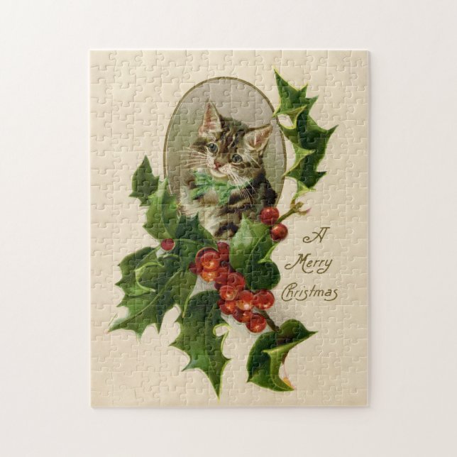 Cat Christmas Merry Holly Kitten Antique Art (Vertikal)