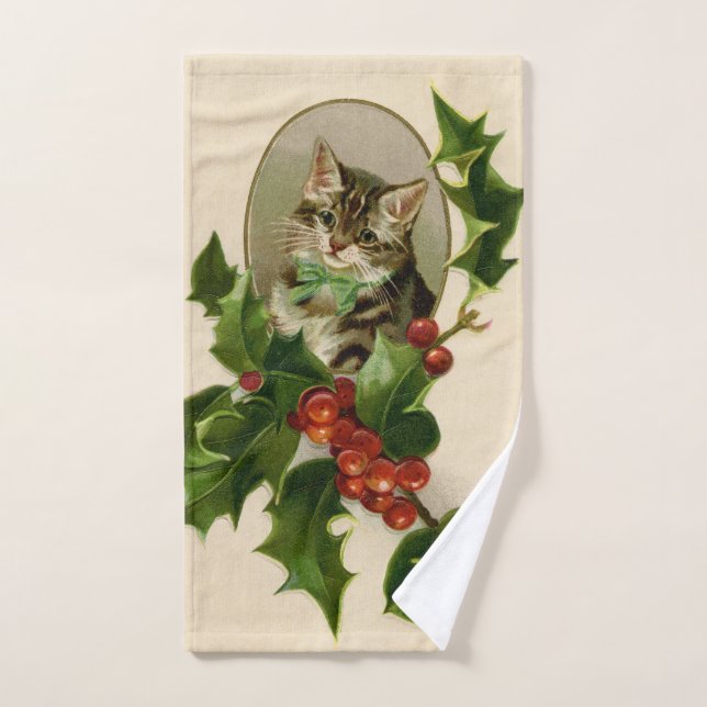 Cat Christmas Merry Holly Kitten Antique Art Badhandtuch Set (Handtuch)