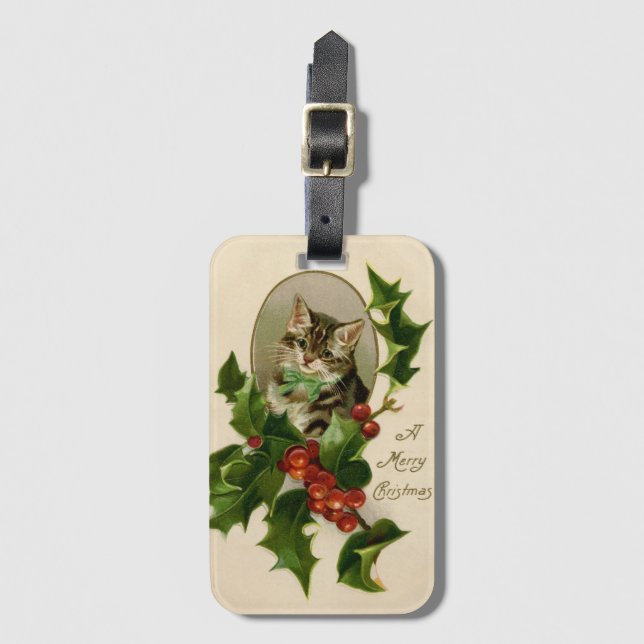 Cat Christmas Merry Holly Kitten Antique Art Gepäckanhänger (Vorderseite Vertikal)