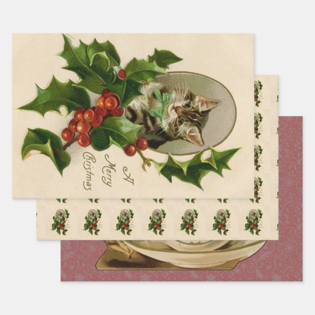 Cat Christmas Merry Holly Kitten Antique Art Geschenkpapier Set (Set)