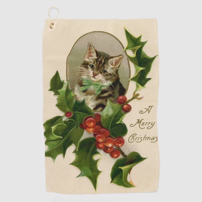 Cat Christmas Merry Holly Kitten Antique Art Golfhandtuch (Vorderseite)