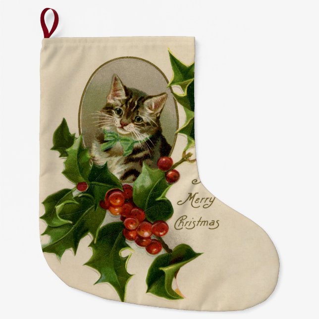 Cat Christmas Merry Holly Kitten Antique Art Großer Weihnachtsstrumpf (Vorderseite)