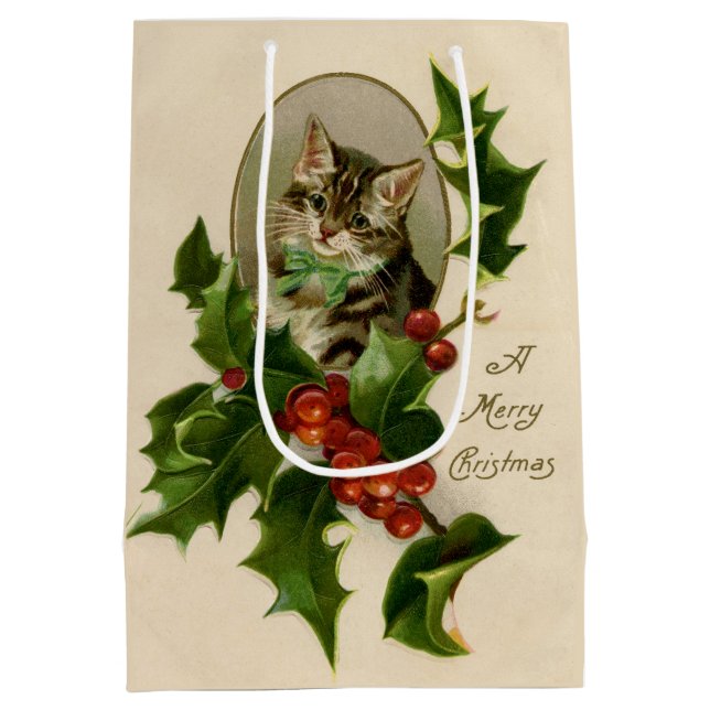 Cat Christmas Merry Holly Kitten Antique Art Mittlere Geschenktüte (Rückseite)