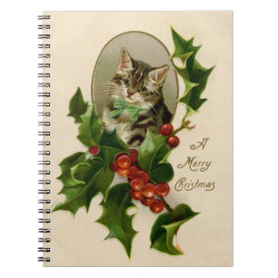 Cat Christmas Merry Holly Kitten Antique Art Notizblock