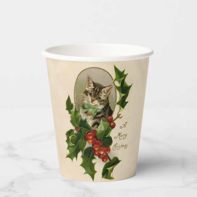 Cat Christmas Merry Holly Kitten Antique Art Pappbecher (Vorderseite)