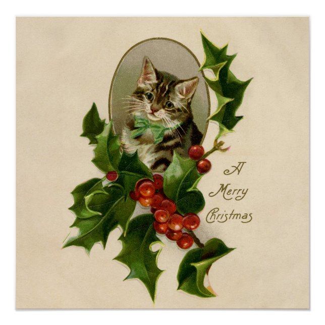 Cat Christmas Merry Holly Kitten Antique Art Poster (Vorderseite)