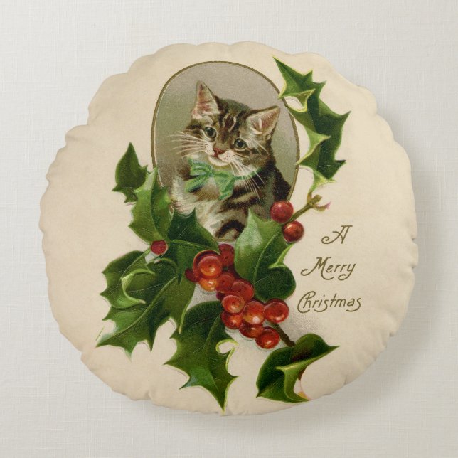 Cat Christmas Merry Holly Kitten Antique Art Rundes Kissen (Vorderseite)