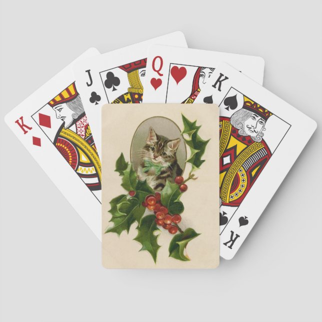 Cat Christmas Merry Holly Kitten Antique Art Spielkarten (Rückseite)