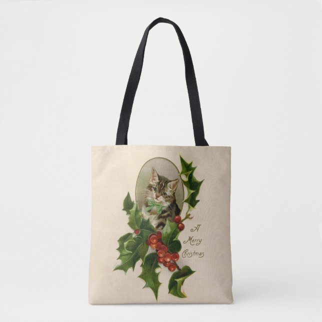 Cat Christmas Merry Holly Kitten Antique Art Tasche (Vorderseite)