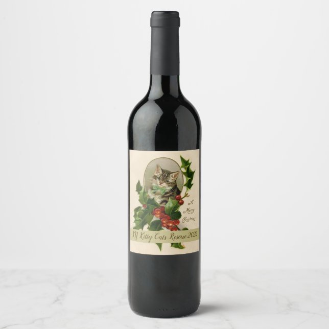 Cat Christmas Merry Holly Kitten Antique Art Weinetikett (Vorderseite)