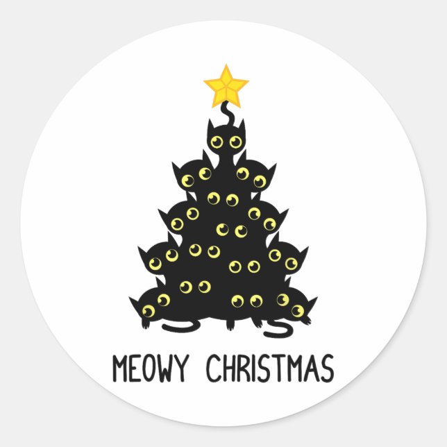 Cat Christmas Tree Niedlich Black Kitten Lover Meo Runder Aufkleber (Vorderseite)
