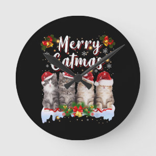 Cat Christmas Weihnachtsmannmütze Funny Merry Catm Runde Wanduhr