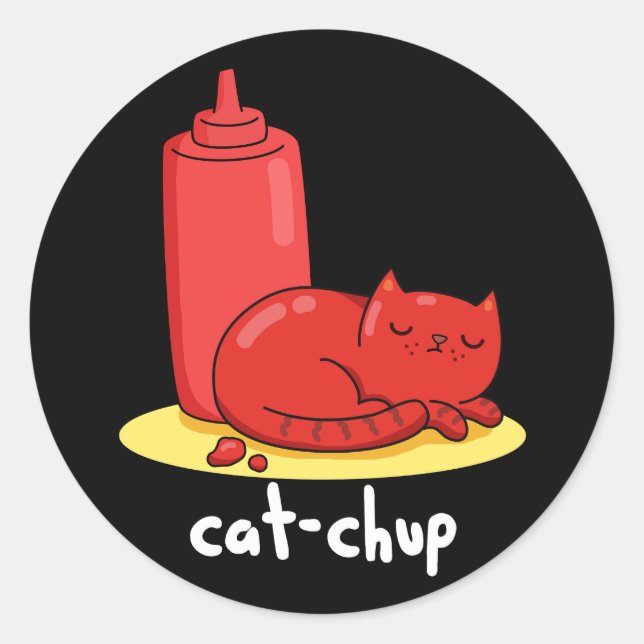 Cat chup Funny Red Ketchup Cat Pun Dark BG Runder Aufkleber (Vorderseite)