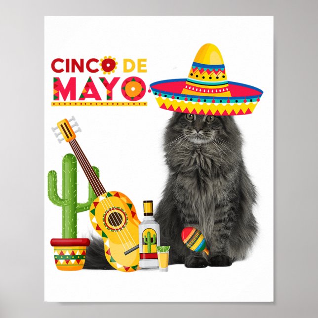 Cat Cinco De Mayo Liebe Gitarre Cactus Drinks Lieb Poster (Vorne)