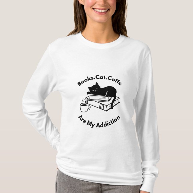 Cat Coffee Book Lover T-Shirt, Cozy Reader Aesthet T-Shirt (Vorderseite)