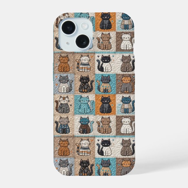 Cat Collection Quilt Muster iPhone 15 Hülle (Rückseite)