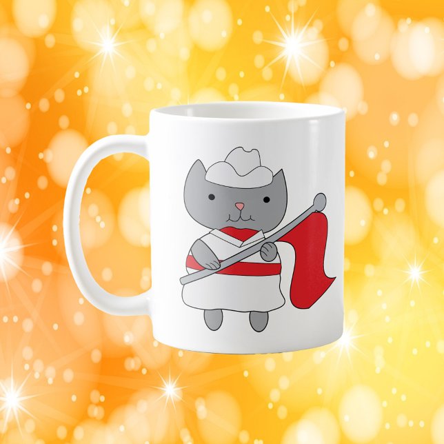 Cat Color Guard Red White Kaffeetasse (A mug with a gray cat wearing a red and white color guard uniform.)