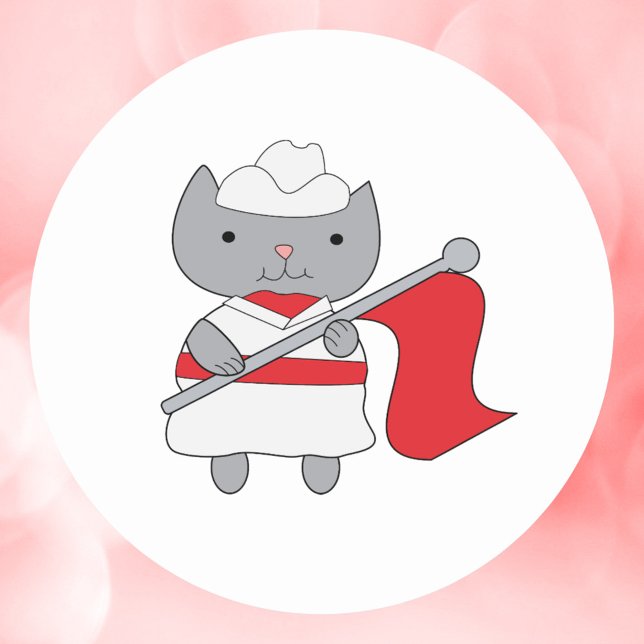 Cat Color Guard Red White Runder Aufkleber (A sticker featuring a gray kitty cat in a red and white color guard uniform.)